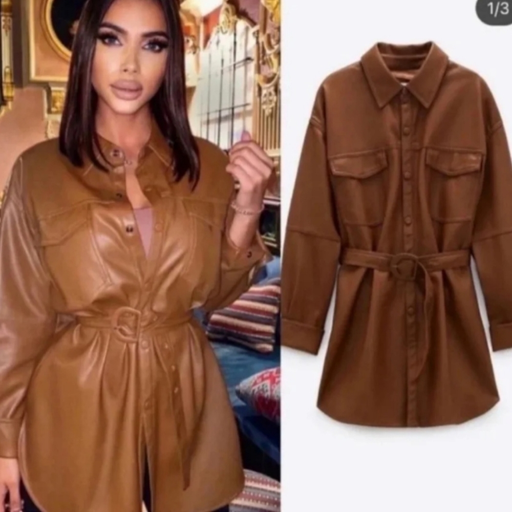 ZARA NWT BRANDY BELTED FAUX LEATHER SHIRT Bloggers - Picture 6 of 16